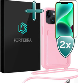 Forterra Forterra iPhone 14 Hoesje Pashouder met Koord Met 2x Screenprotector - Lichtroze