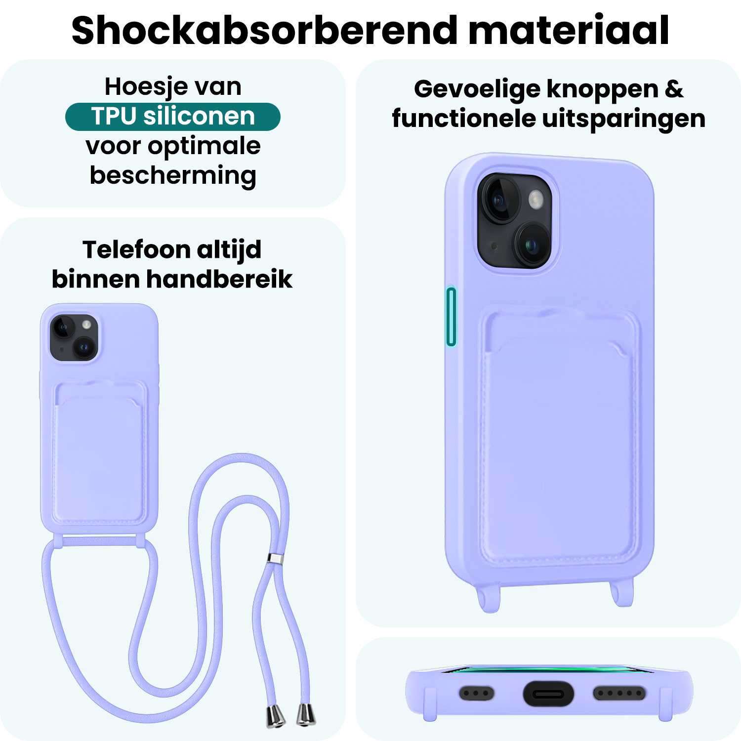 Forterra Forterra iPhone 14 Hoesje Pashouder met Koord - Lila - 2 PACK
