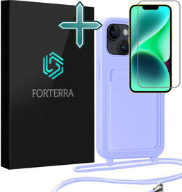 Forterra Forterra iPhone 14 Hoesje Pashouder met Koord Met Screenprotector - Lila