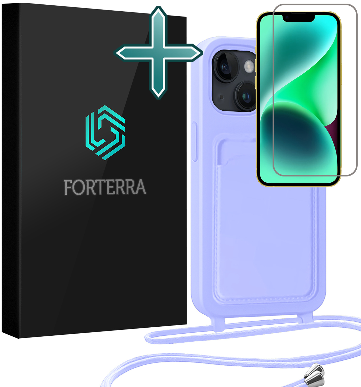 Forterra Forterra iPhone 14 Hoesje Pashouder met Koord Met Screenprotector - Lila