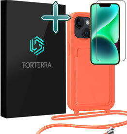 Forterra Forterra iPhone 14 Hoesje Pashouder met Koord Met Screenprotector - Papaya