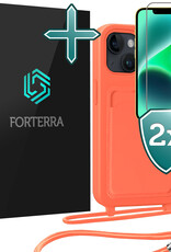 Forterra Forterra iPhone 14 Hoesje Pashouder met Koord Met 2x Screenprotector - Papaya