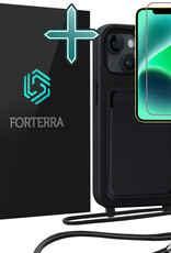 Forterra Forterra iPhone 14 Hoesje Pashouder met Koord Met Screenprotector - Zwart