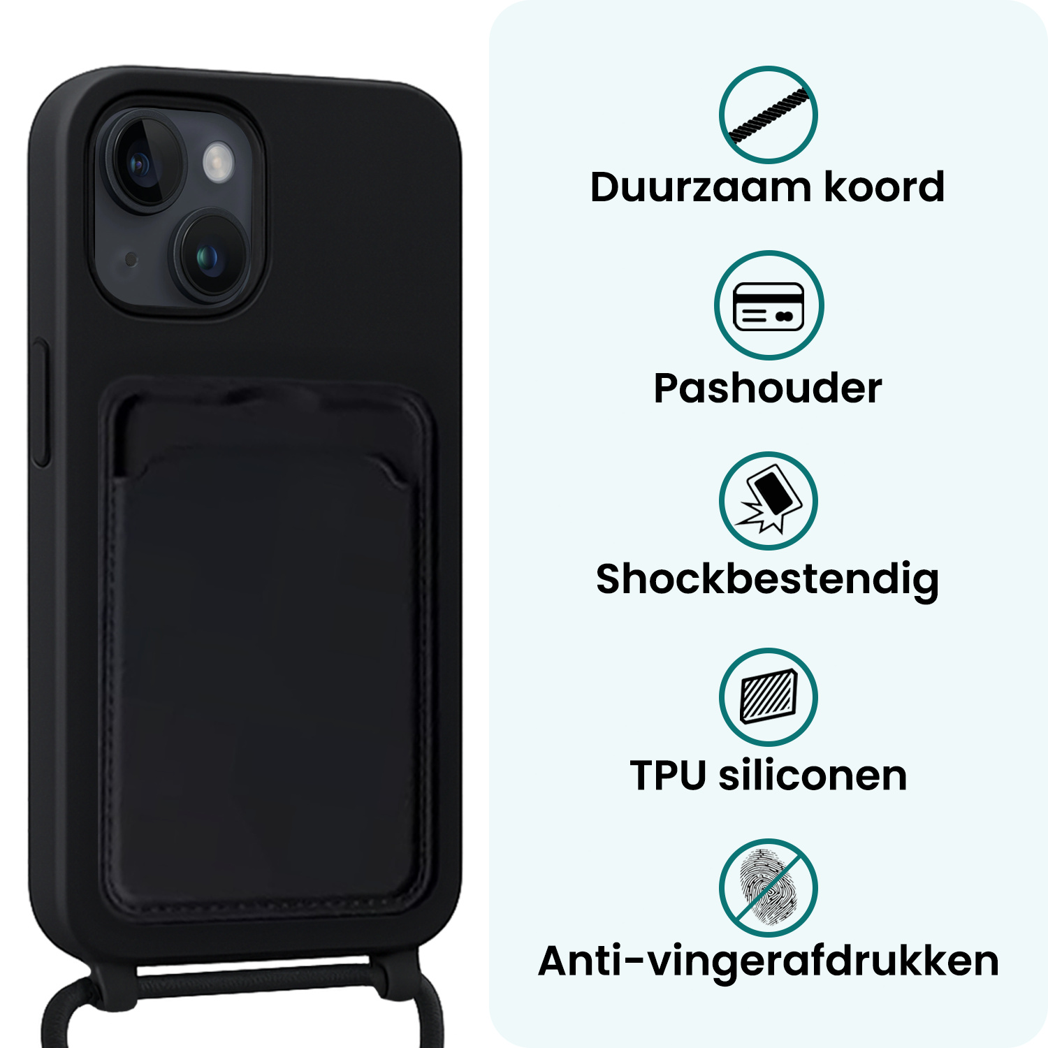 Forterra Forterra iPhone 14 Hoesje Pashouder met Koord Met Screenprotector - Zwart