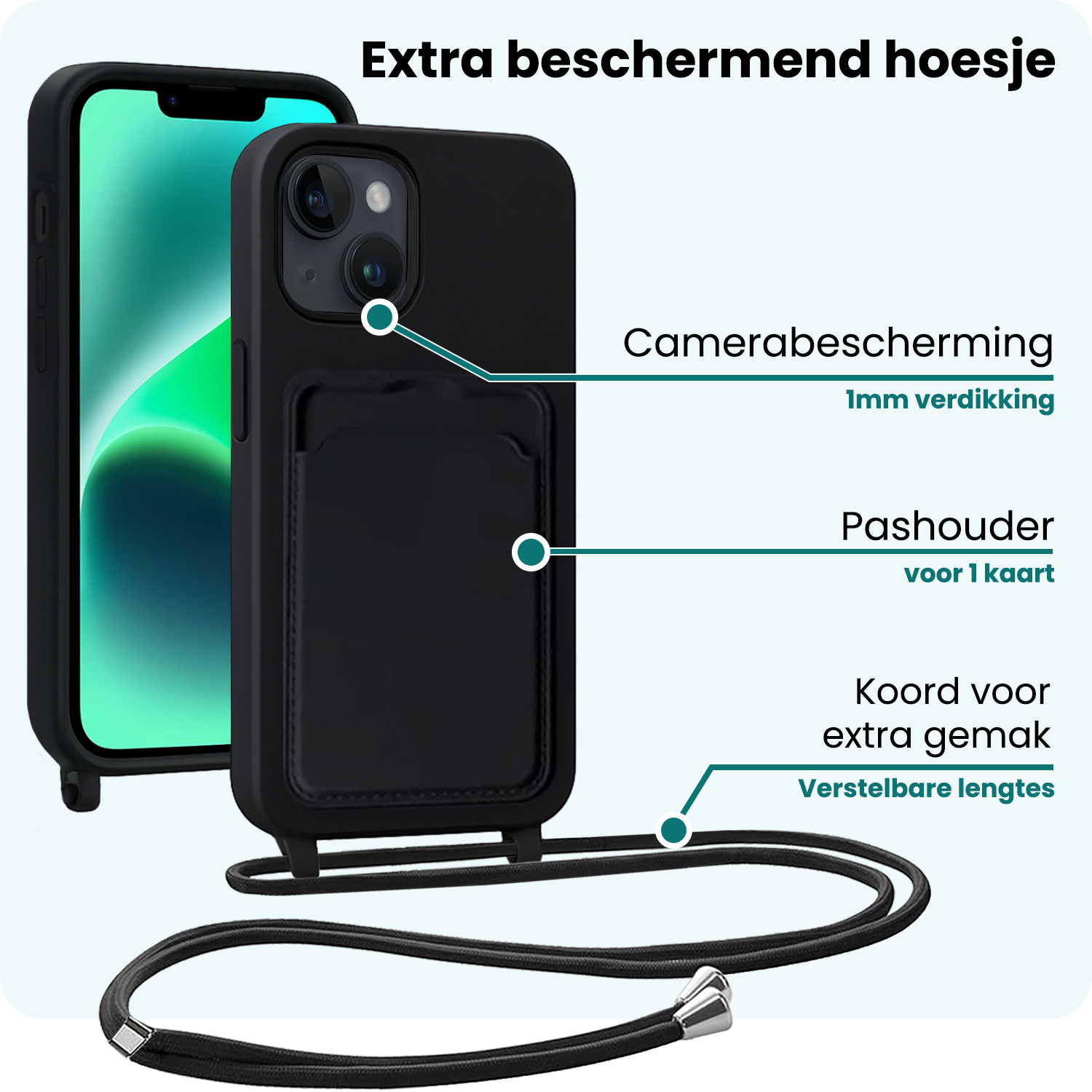 Forterra Forterra iPhone 14 Hoesje Pashouder met Koord Met Screenprotector - Zwart