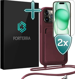 Forterra Forterra iPhone 14 Pro Hoesje Pashouder met Koord Met 2x Screenprotector - Aubergine