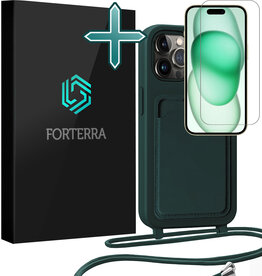 Forterra Forterra iPhone 14 Pro Hoesje Pashouder met Koord Met Screenprotector - Donkergroen