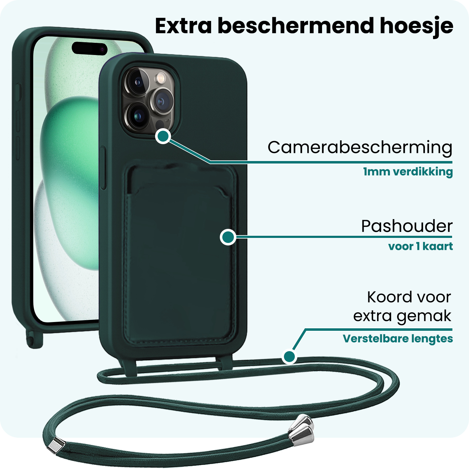Forterra Forterra iPhone 14 Pro Hoesje Pashouder met Koord Met Screenprotector - Donkergroen