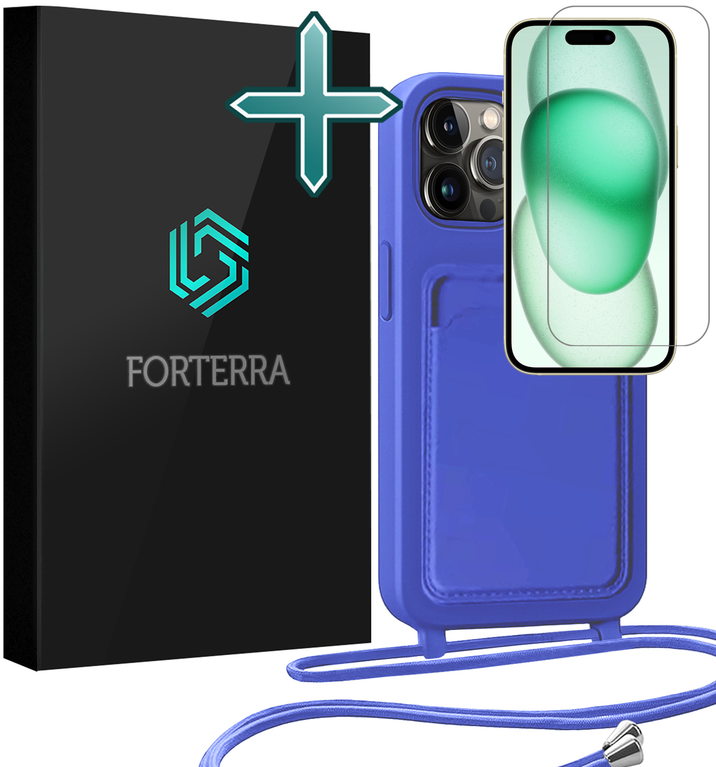 Forterra Forterra iPhone 14 Pro Hoesje Pashouder met Koord Met Screenprotector - Fel Blauw