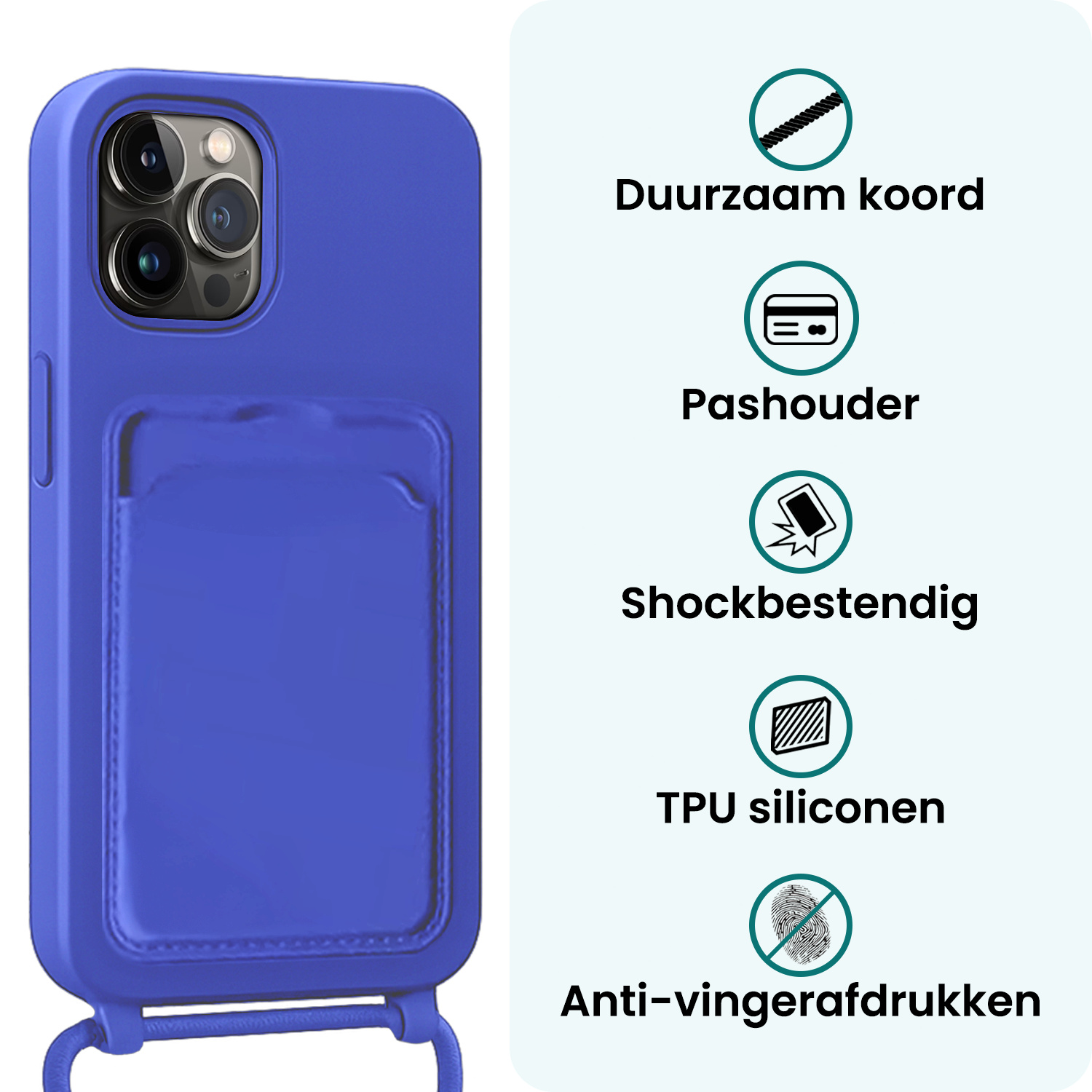 Forterra Forterra iPhone 14 Pro Hoesje Pashouder met Koord Met 2x Screenprotector - Fel Blauw