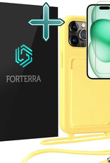 Forterra Forterra iPhone 14 Pro Hoesje Pashouder met Koord Met Screenprotector - Geel
