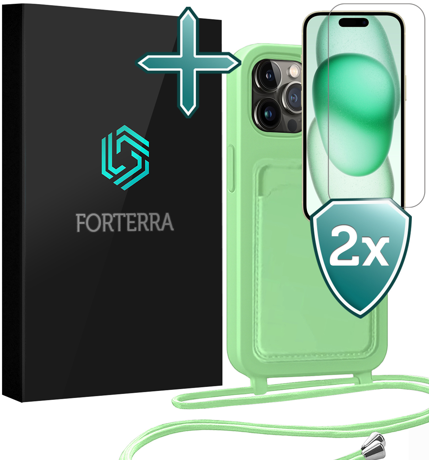 Forterra Forterra iPhone 14 Pro Hoesje Pashouder met Koord Met 2x Screenprotector - Groen
