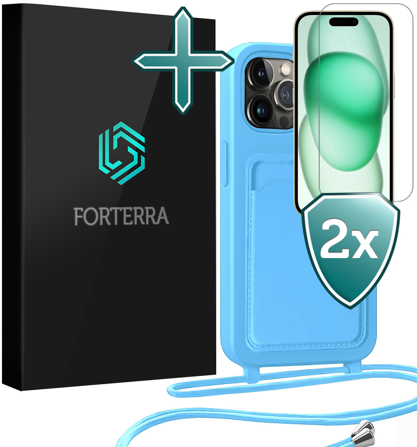Forterra Forterra iPhone 14 Pro Hoesje Pashouder met Koord Met 2x Screenprotector - Lichtblauw