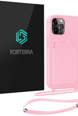 Forterra Forterra iPhone 14 Pro Hoesje Pashouder met Koord - Lichtroze