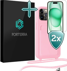 Forterra Forterra iPhone 14 Pro Hoesje Pashouder met Koord Met 2x Screenprotector - Lichtroze
