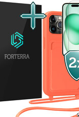 Forterra Forterra iPhone 14 Pro Hoesje Pashouder met Koord Met 2x Screenprotector - Papaya