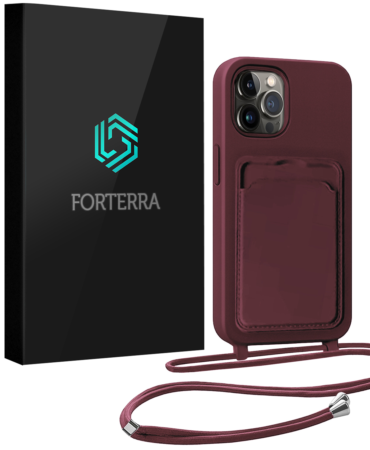 Forterra Forterra iPhone 14 Pro Max Hoesje Pashouder met Koord - Aubergine