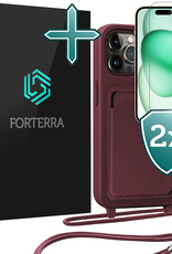 Forterra Forterra iPhone 14 Pro Max Hoesje Pashouder met Koord Met 2x Screenprotector - Aubergine