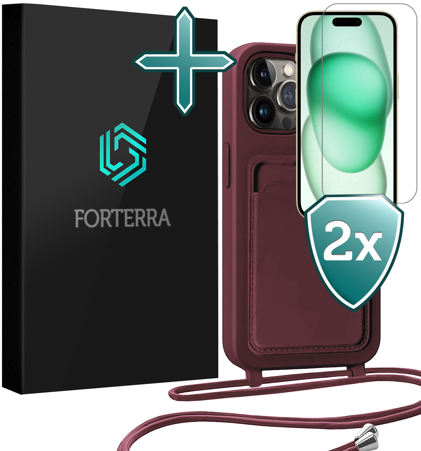 Forterra Forterra iPhone 14 Pro Max Hoesje Pashouder met Koord Met 2x Screenprotector - Aubergine