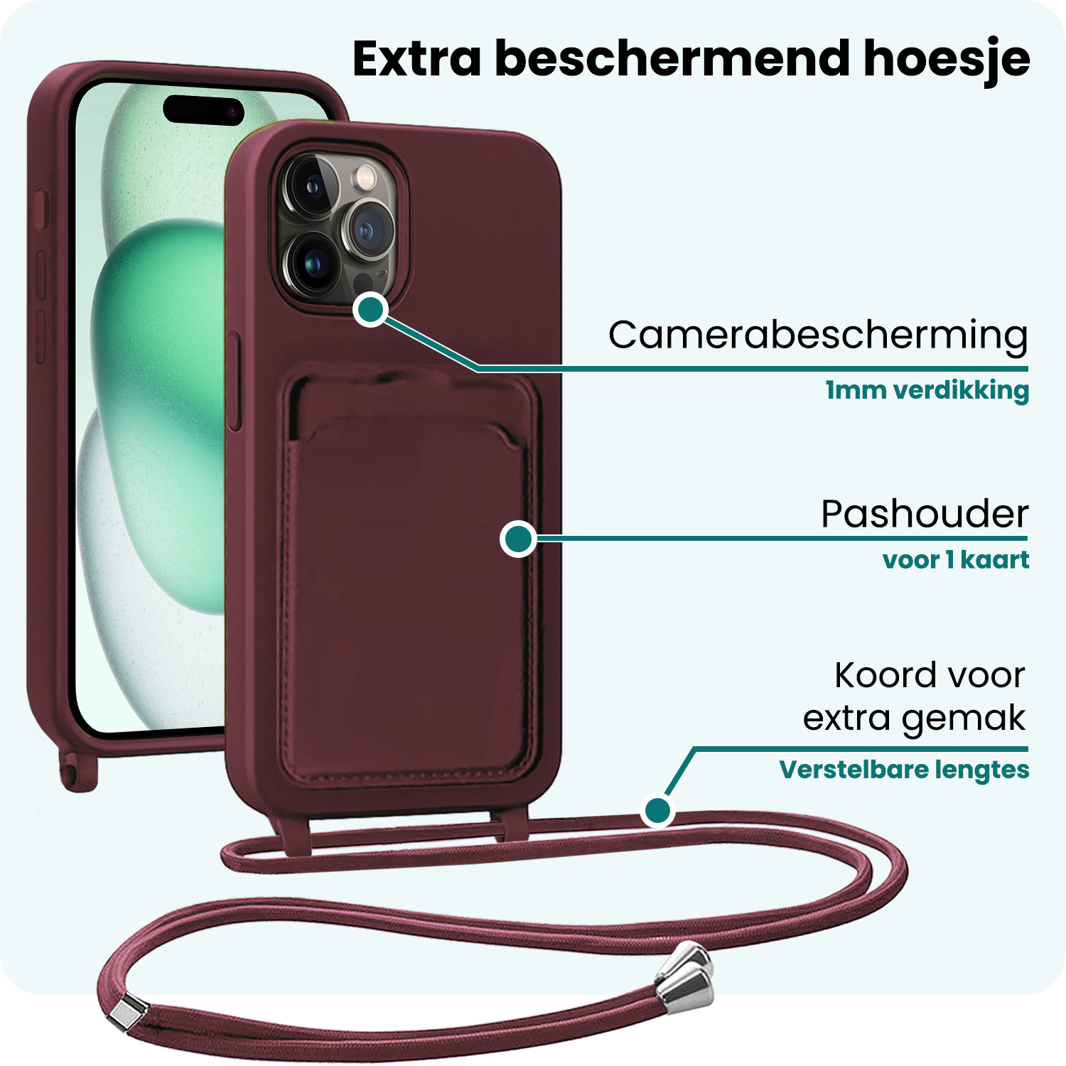 Forterra Forterra iPhone 14 Pro Max Hoesje Pashouder met Koord Met 2x Screenprotector - Aubergine