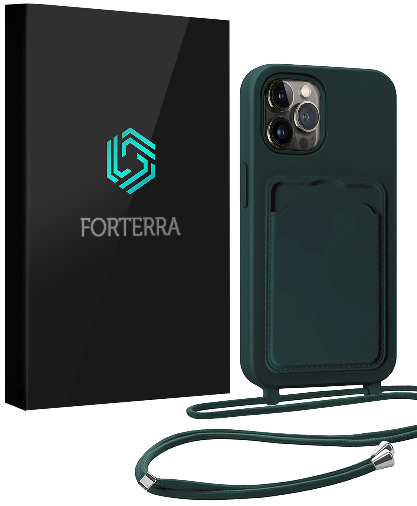 Forterra Forterra iPhone 14 Pro Max Hoesje Pashouder met Koord - Donkergroen