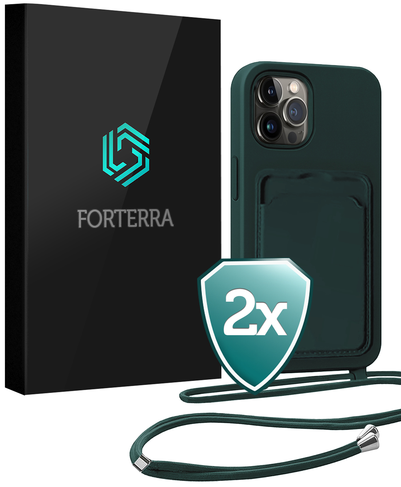 Forterra Forterra iPhone 14 Pro Max Hoesje Pashouder met Koord - Donkergroen - 2 PACK