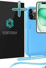 Forterra Forterra iPhone 14 Pro Max Hoesje Pashouder met Koord Met Screenprotector - Lichtblauw