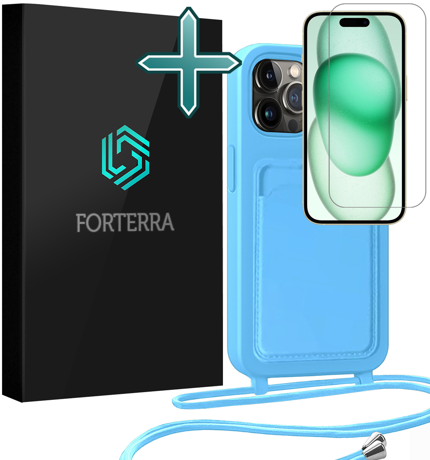 Forterra Forterra iPhone 14 Pro Max Hoesje Pashouder met Koord Met Screenprotector - Lichtblauw