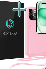 Forterra Forterra iPhone 14 Pro Max Hoesje Pashouder met Koord Met Screenprotector - Lichtroze