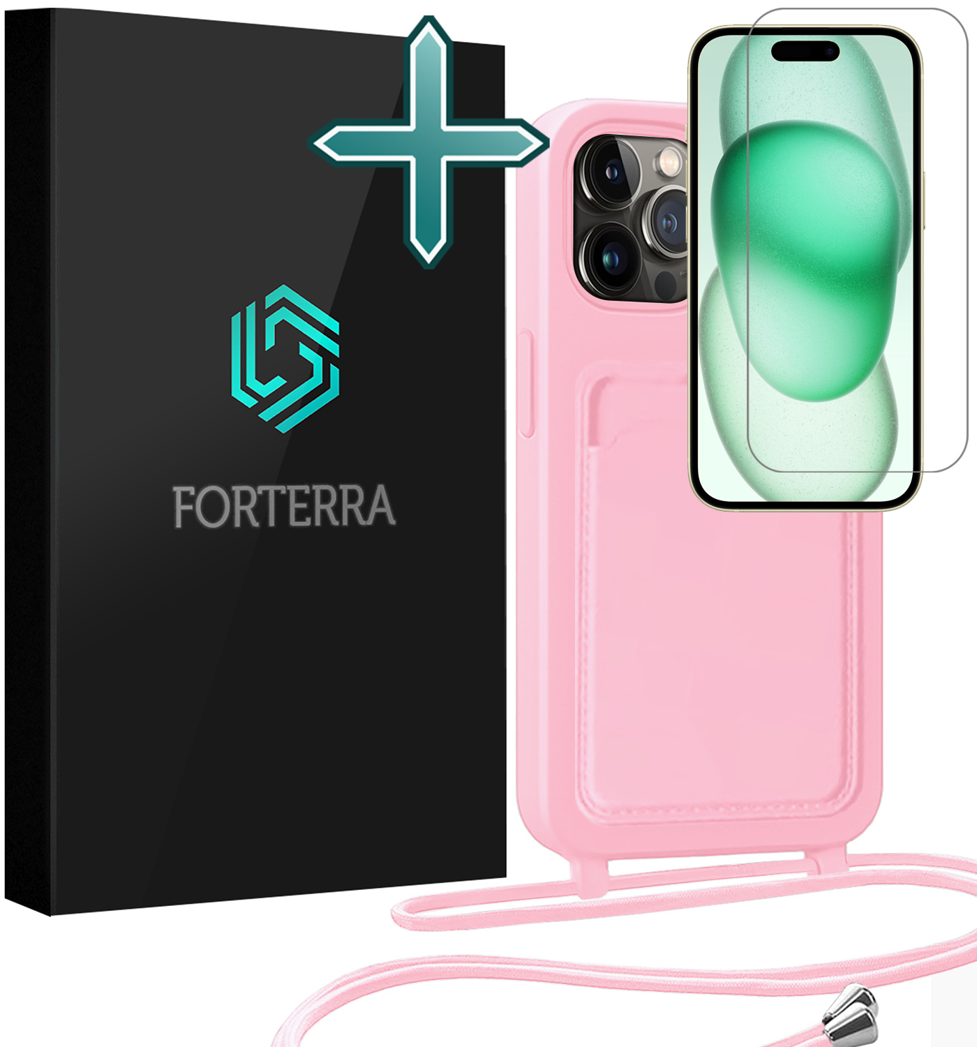 Forterra Forterra iPhone 14 Pro Max Hoesje Pashouder met Koord Met Screenprotector - Lichtroze
