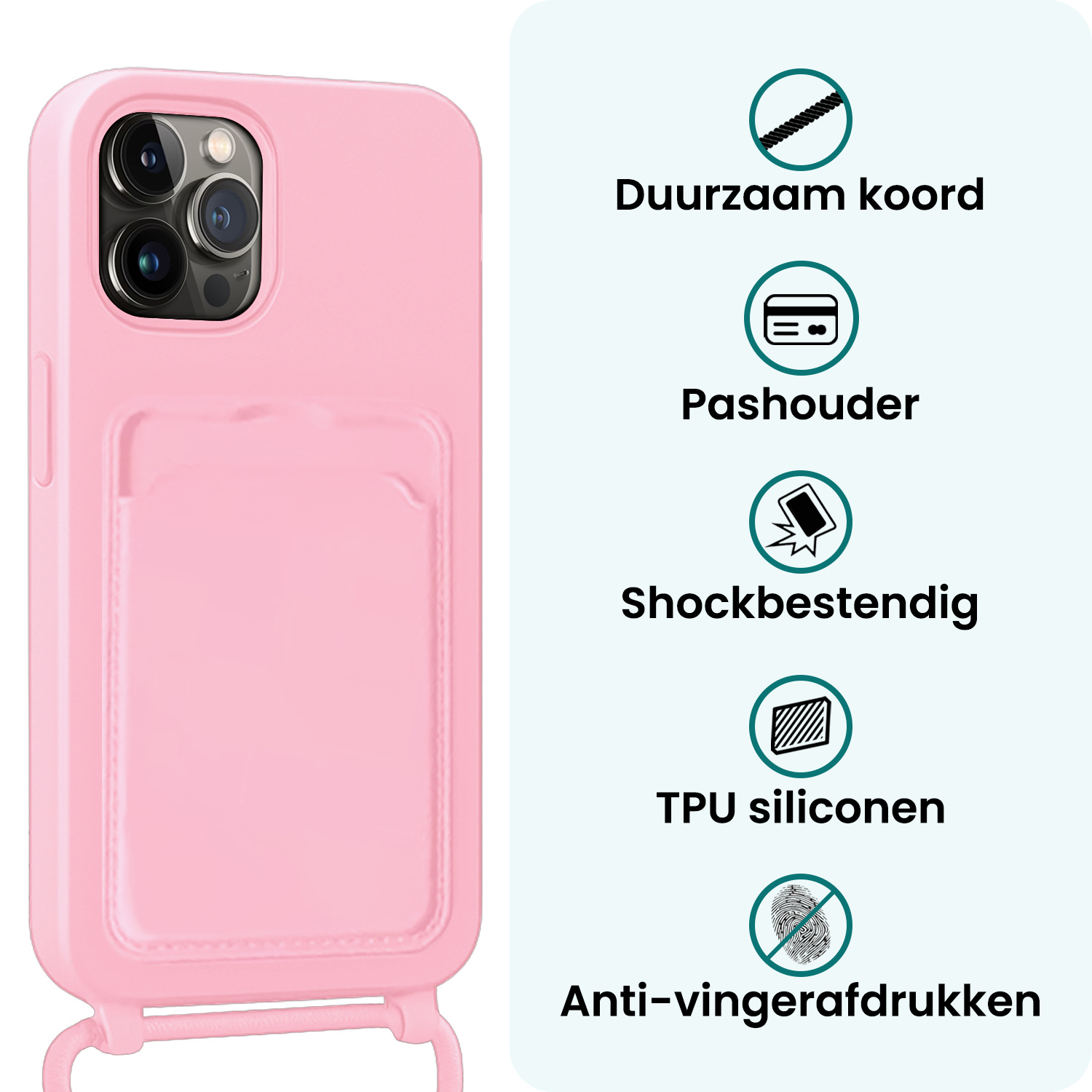 Forterra Forterra iPhone 14 Pro Max Hoesje Pashouder met Koord Met Screenprotector - Lichtroze