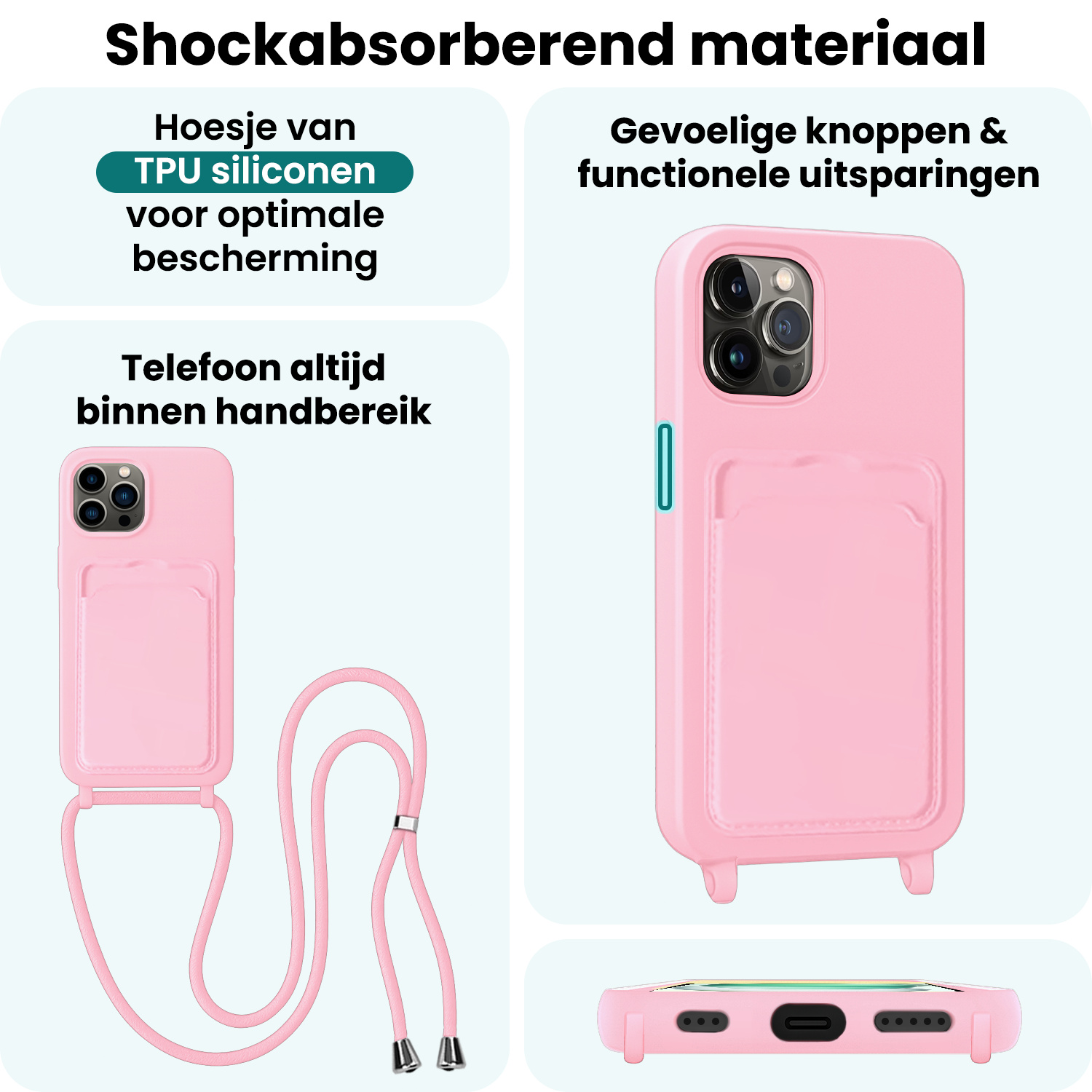Forterra Forterra iPhone 14 Pro Max Hoesje Pashouder met Koord Met Screenprotector - Lichtroze