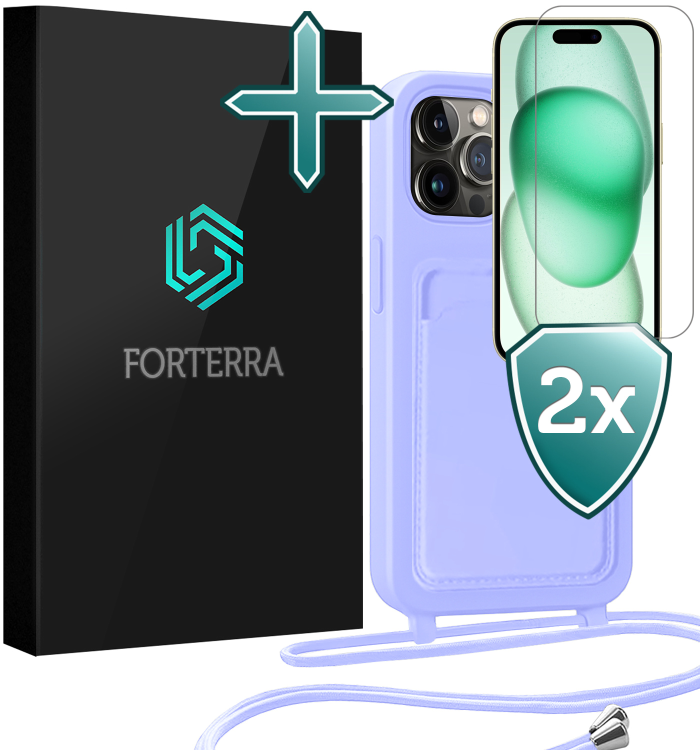 Forterra Forterra iPhone 14 Pro Max Hoesje Pashouder met Koord Met 2x Screenprotector - Lila