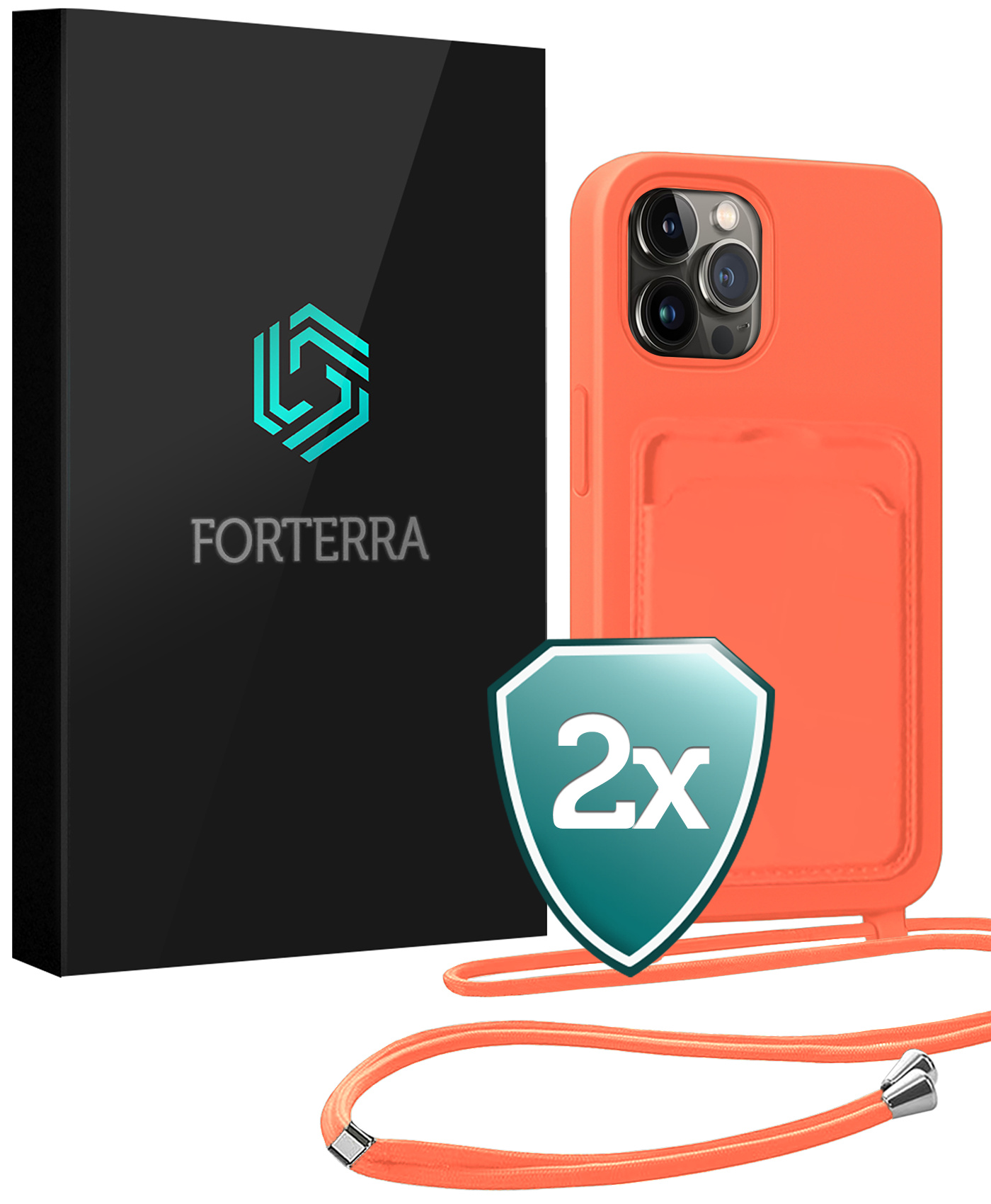 Forterra Forterra iPhone 14 Pro Max Hoesje Pashouder met Koord - Papaya - 2 PACK