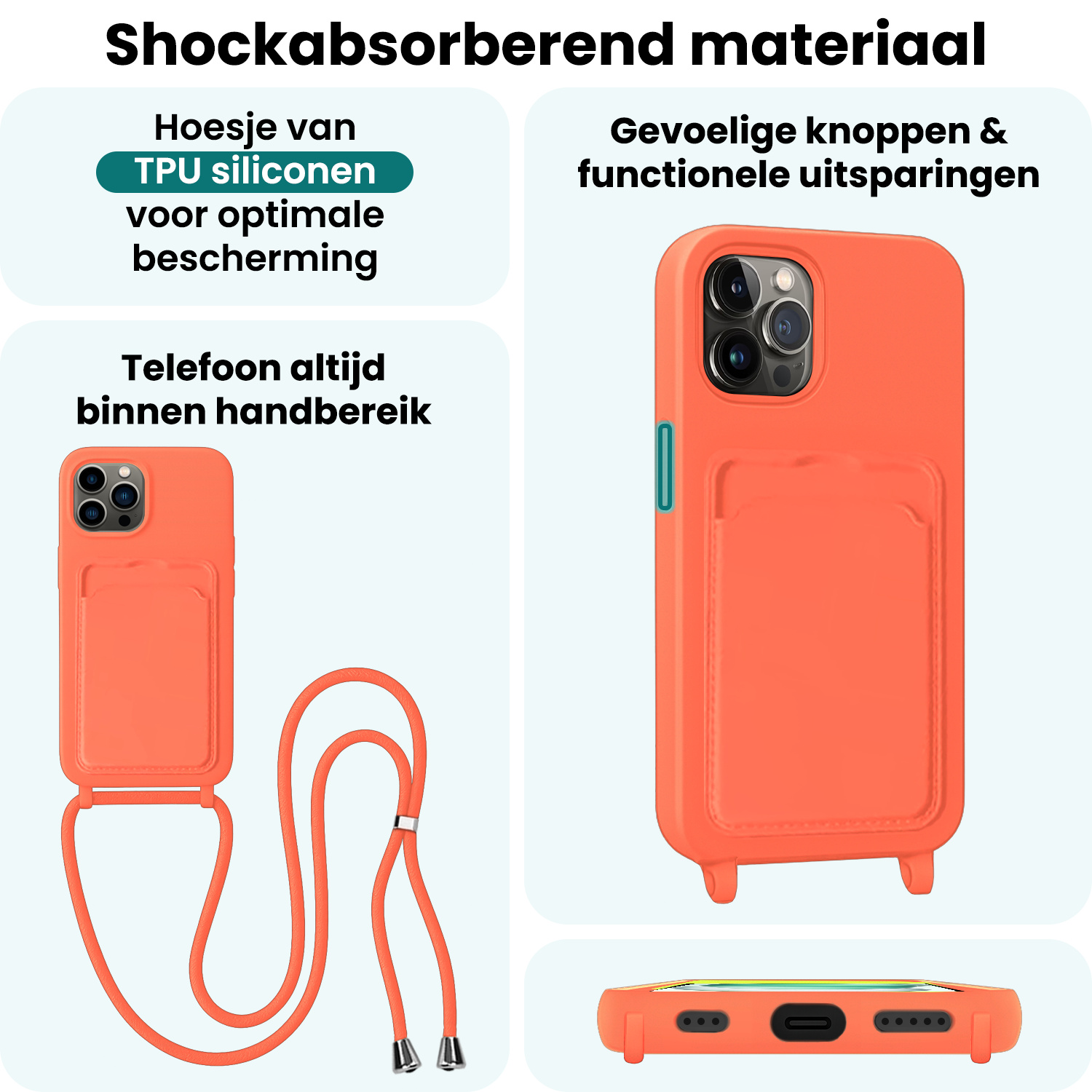 Forterra Forterra iPhone 14 Pro Max Hoesje Pashouder met Koord - Papaya - 2 PACK