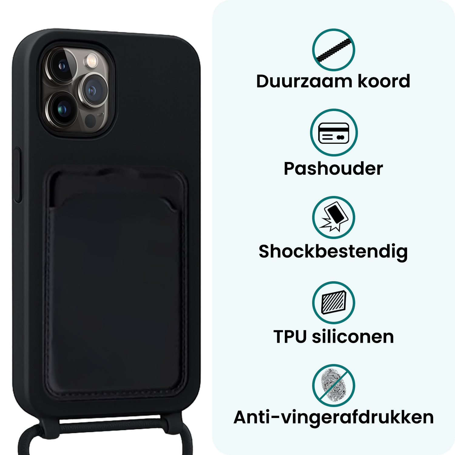 Forterra Forterra iPhone 14 Pro Max Hoesje Pashouder met Koord Met 2x Screenprotector - Zwart