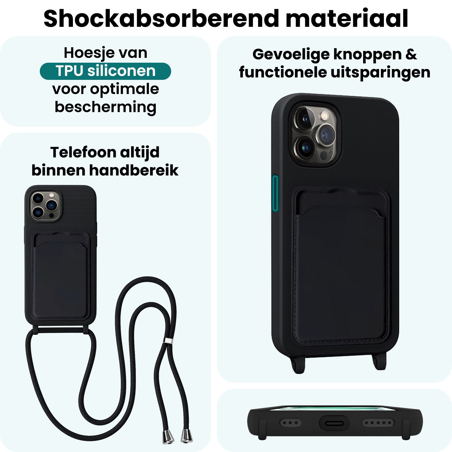 Forterra Forterra iPhone 14 Pro Max Hoesje Pashouder met Koord Met 2x Screenprotector - Zwart