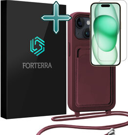 Forterra Forterra iPhone 15 Plus Hoesje Pashouder met Koord Met Screenprotector - Aubergine