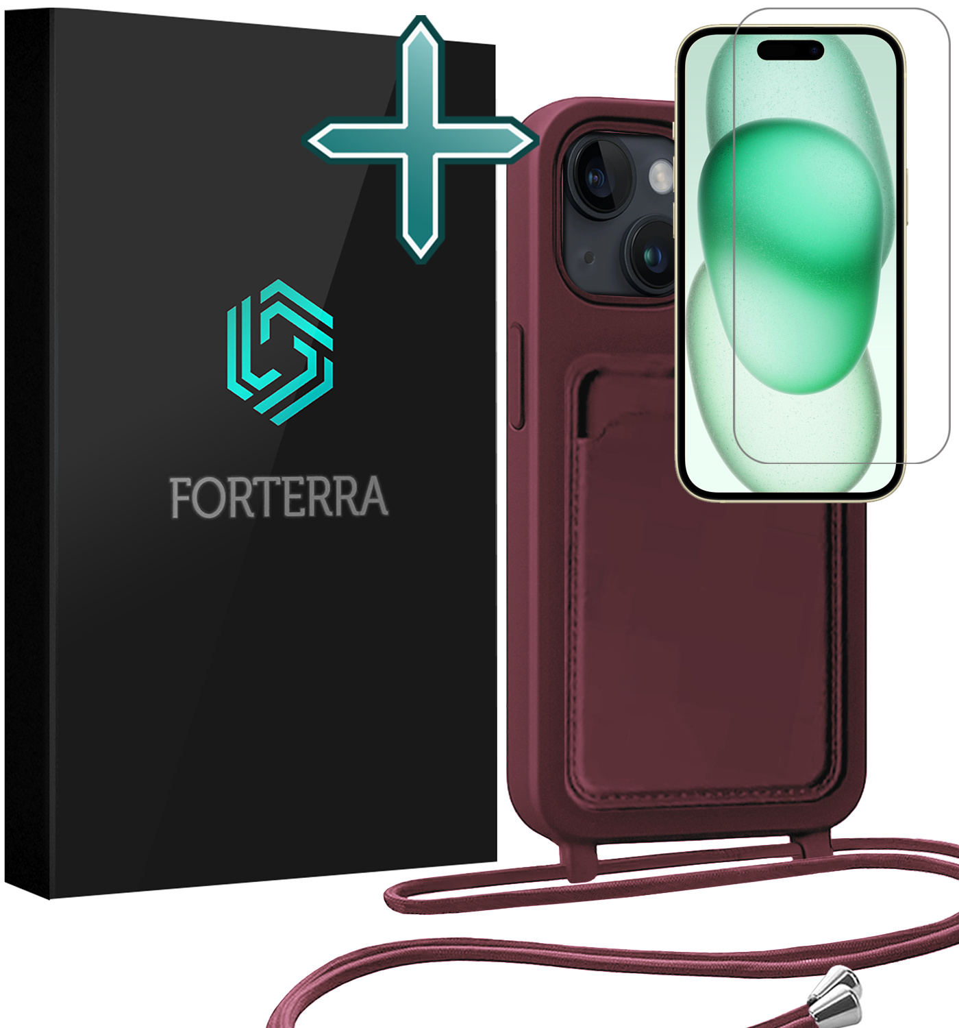 Forterra Forterra iPhone 15 Plus Hoesje Pashouder met Koord Met Screenprotector - Aubergine