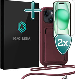 Forterra Forterra iPhone 15 Plus Hoesje Pashouder met Koord Met 2x Screenprotector - Aubergine