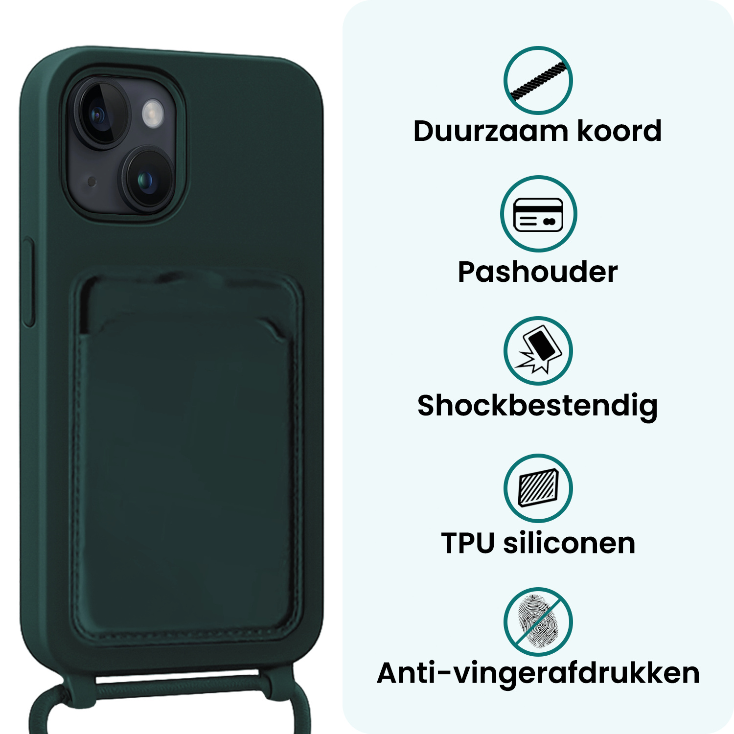 Forterra Forterra iPhone 15 Plus Hoesje Pashouder met Koord Met Screenprotector - Donkergroen