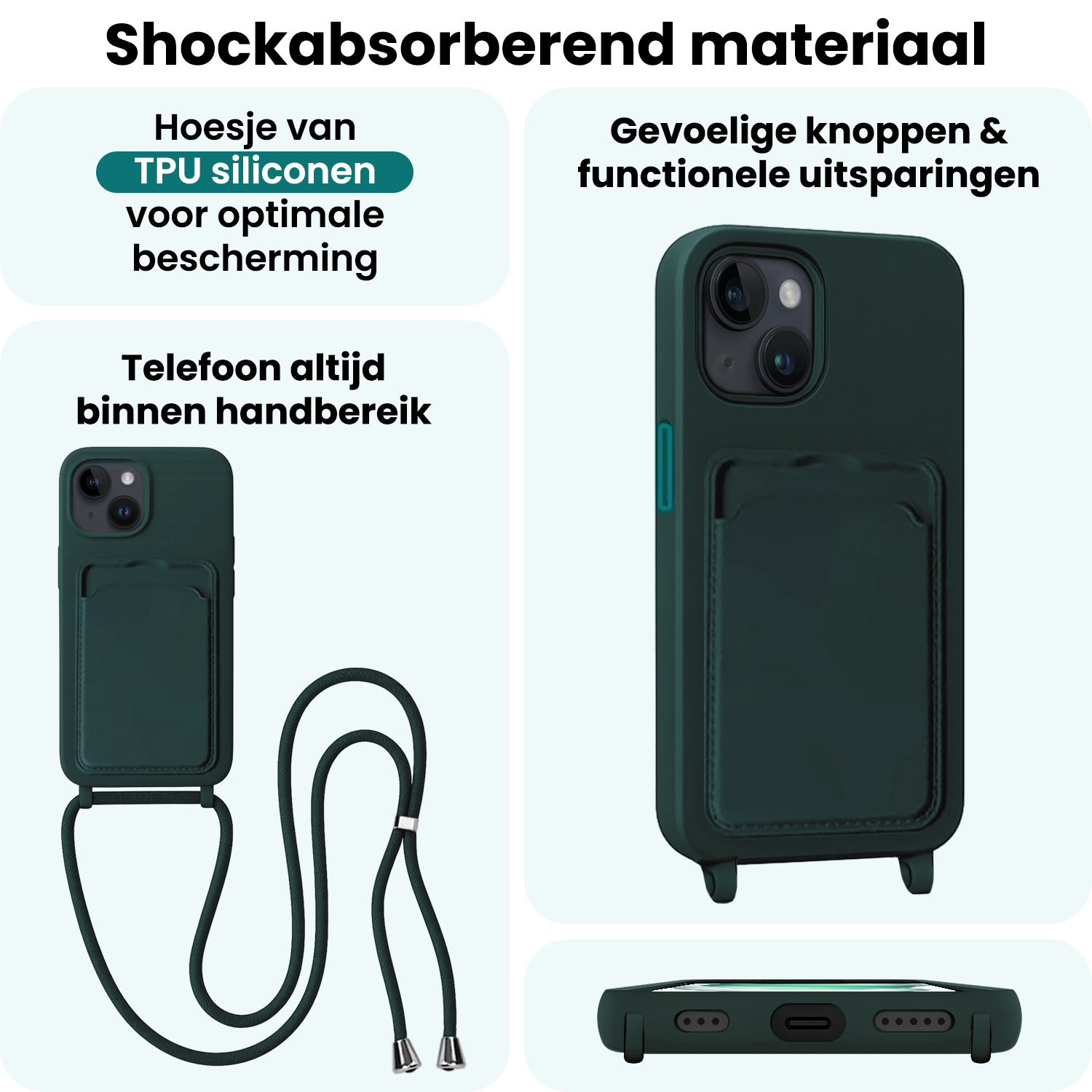 Forterra Forterra iPhone 15 Plus Hoesje Pashouder met Koord Met Screenprotector - Donkergroen