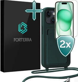 Forterra Forterra iPhone 15 Plus Hoesje Pashouder met Koord Met 2x Screenprotector - Donkergroen