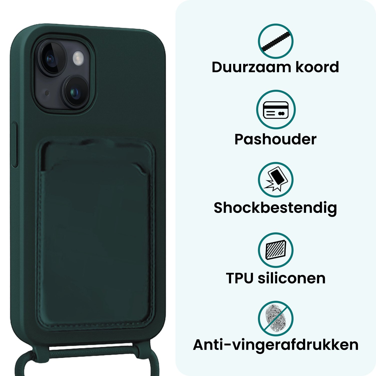 Forterra Forterra iPhone 15 Plus Hoesje Pashouder met Koord Met 2x Screenprotector - Donkergroen