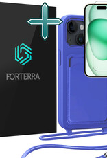 Forterra Forterra iPhone 15 Plus Hoesje Pashouder met Koord Met Screenprotector - Fel Blauw
