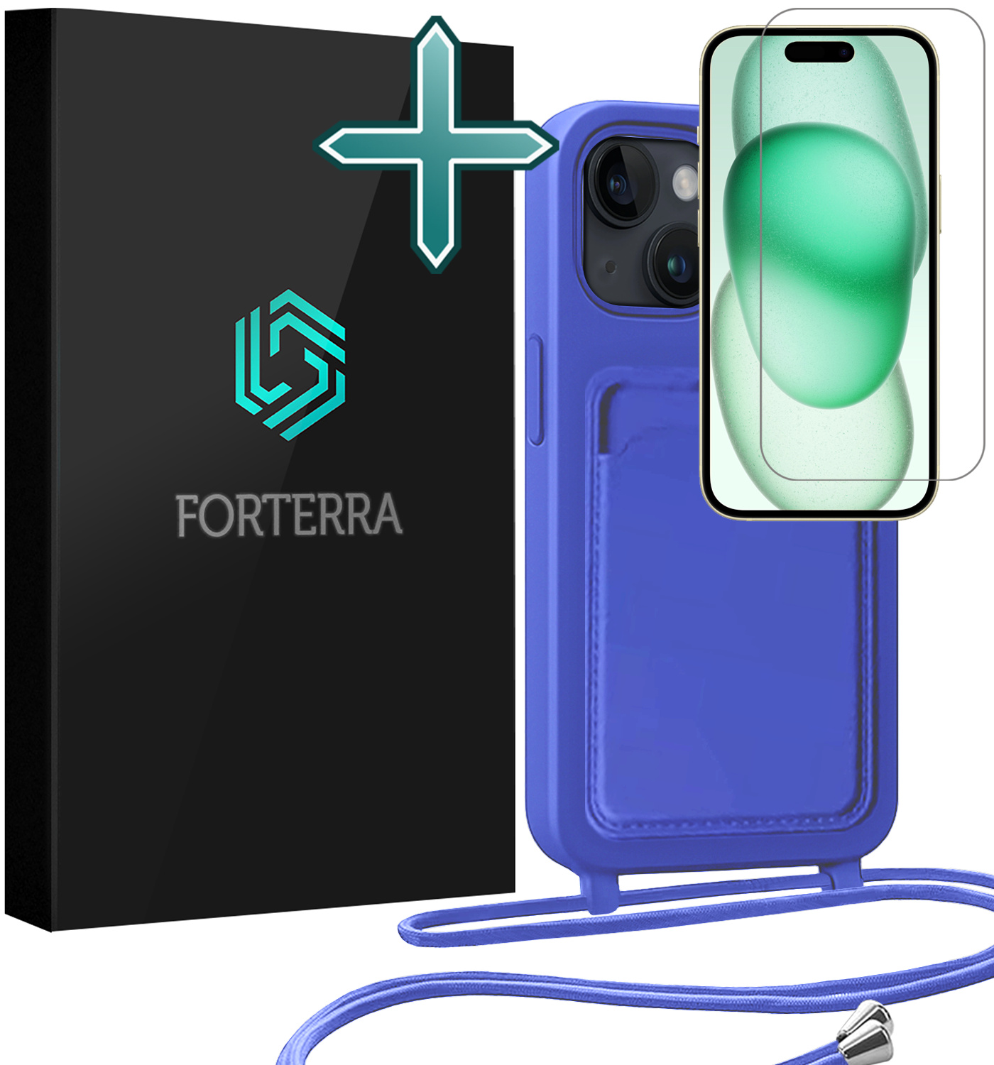 Forterra Forterra iPhone 15 Plus Hoesje Pashouder met Koord Met Screenprotector - Fel Blauw