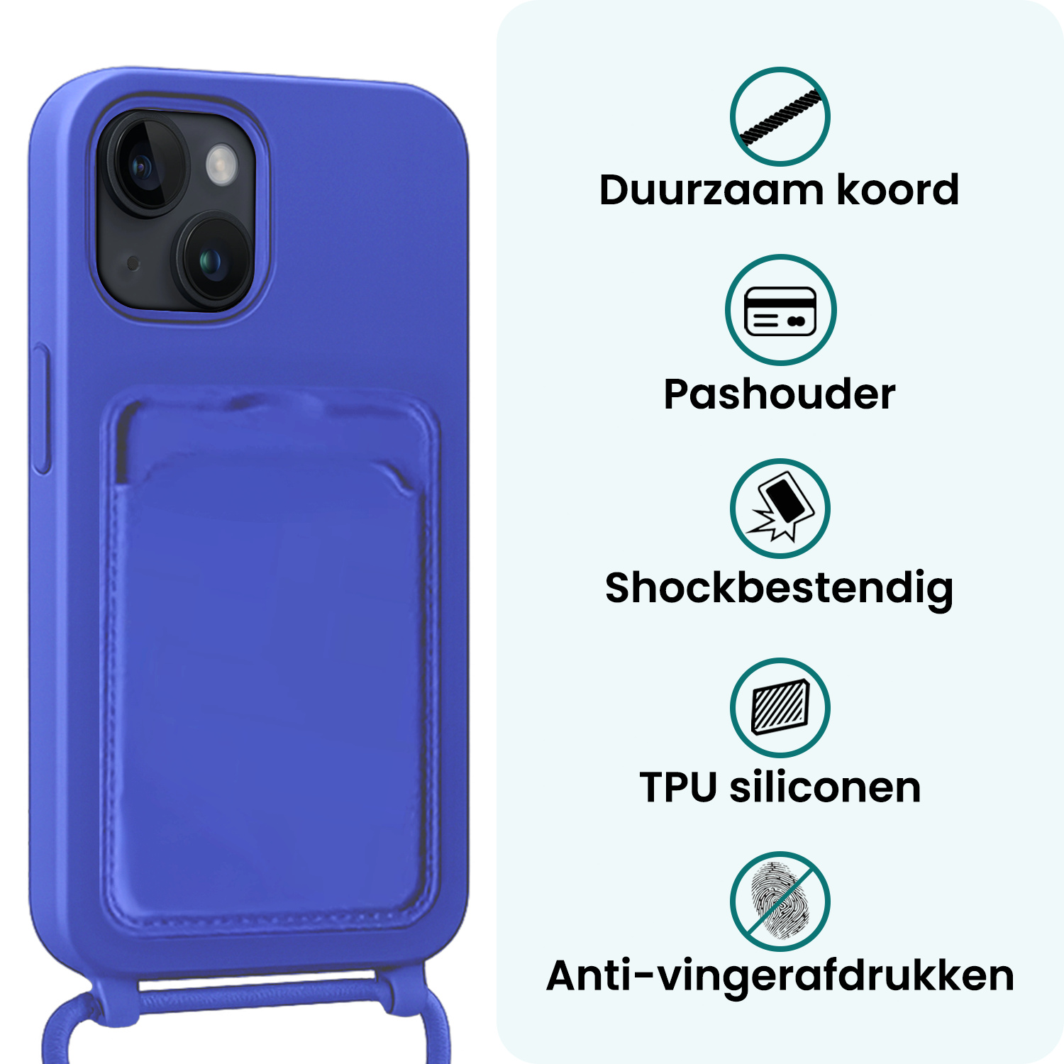 Forterra Forterra iPhone 15 Plus Hoesje Pashouder met Koord Met Screenprotector - Fel Blauw