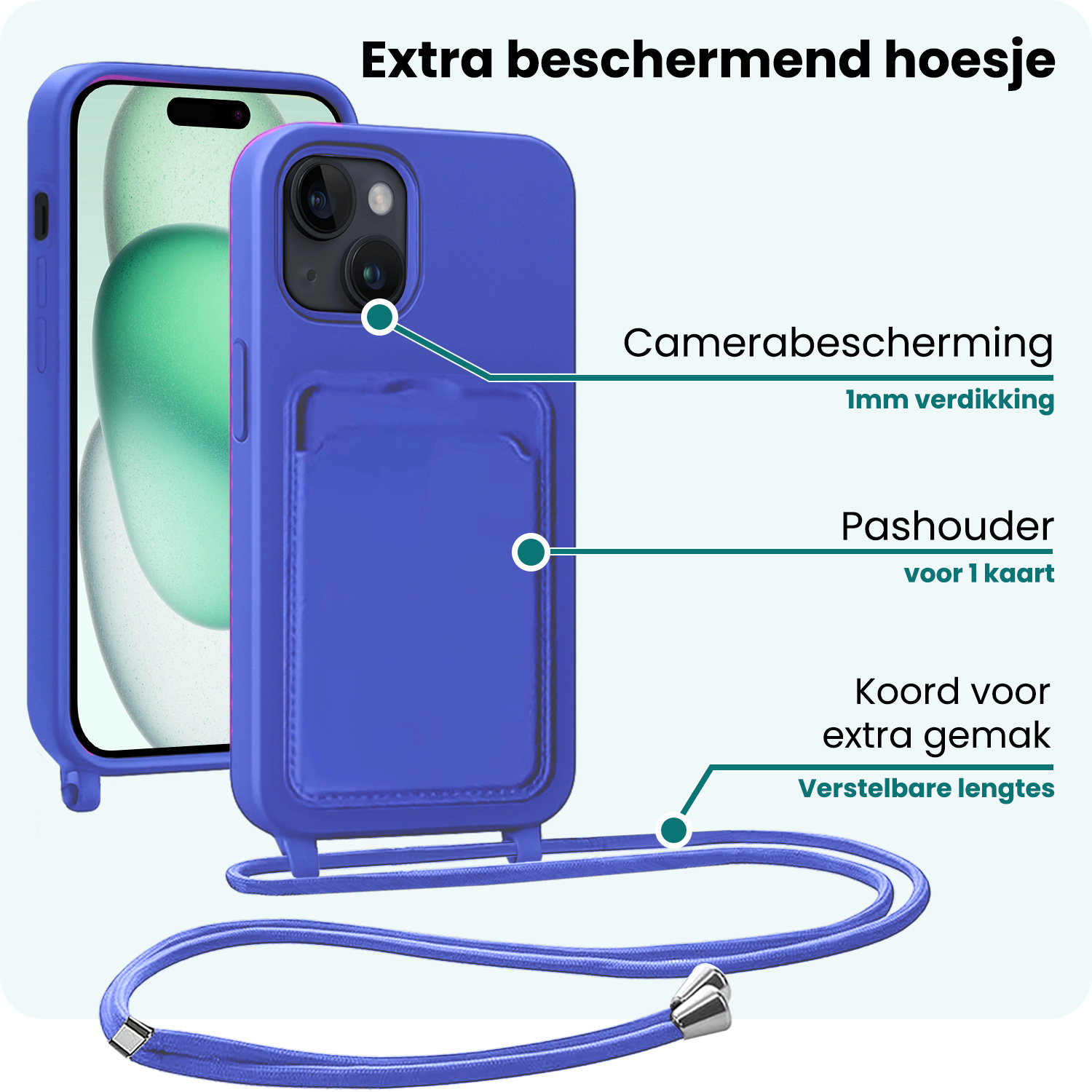 Forterra Forterra iPhone 15 Plus Hoesje Pashouder met Koord Met Screenprotector - Fel Blauw