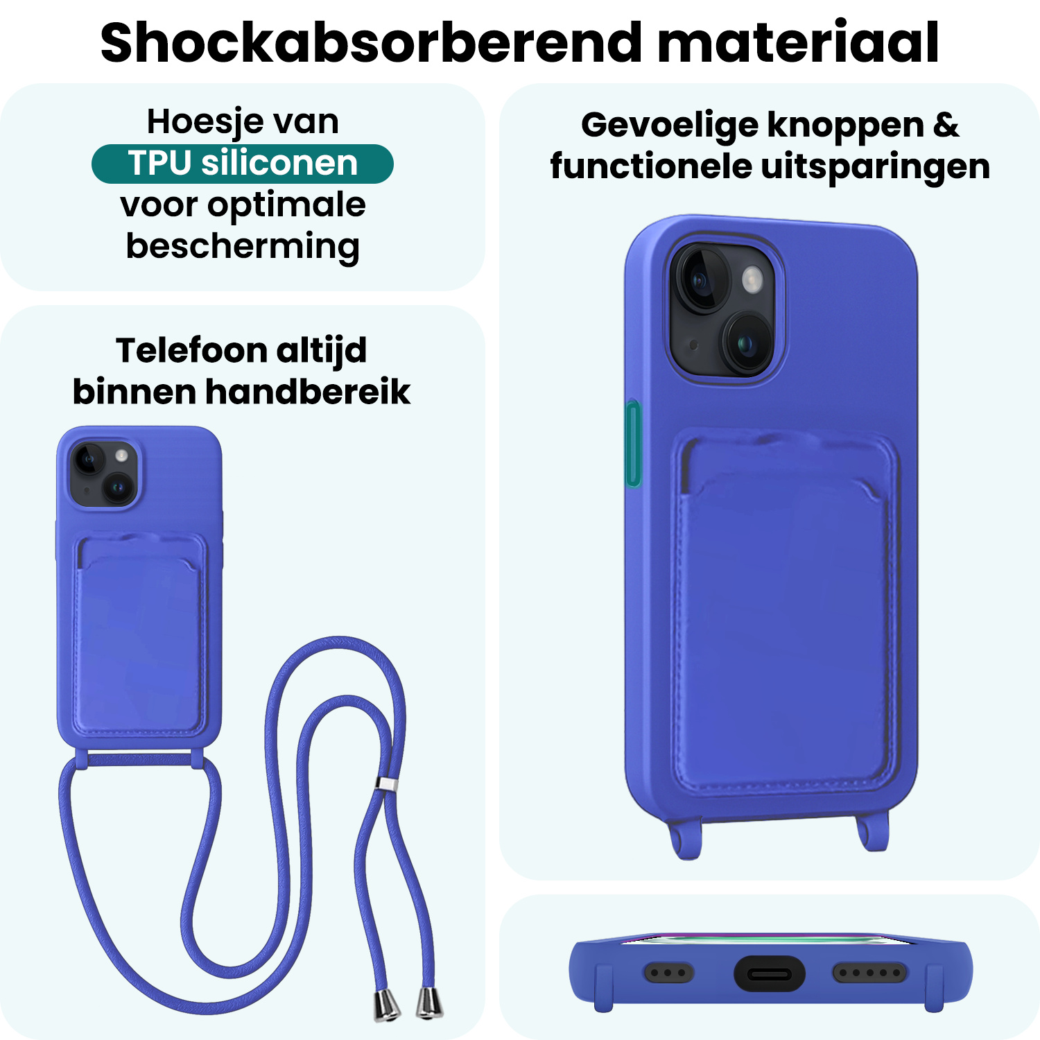 Forterra Forterra iPhone 15 Plus Hoesje Pashouder met Koord Met Screenprotector - Fel Blauw