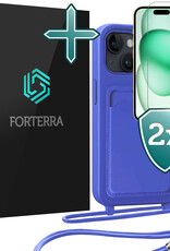 Forterra Forterra iPhone 15 Plus Hoesje Pashouder met Koord Met 2x Screenprotector - Fel Blauw